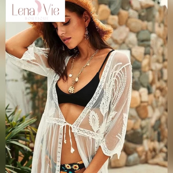 Embroidered Bone Gauze Lace Kimono Duster Robe In Ecru White, Open Tie Coverup - Picture 3 of 6